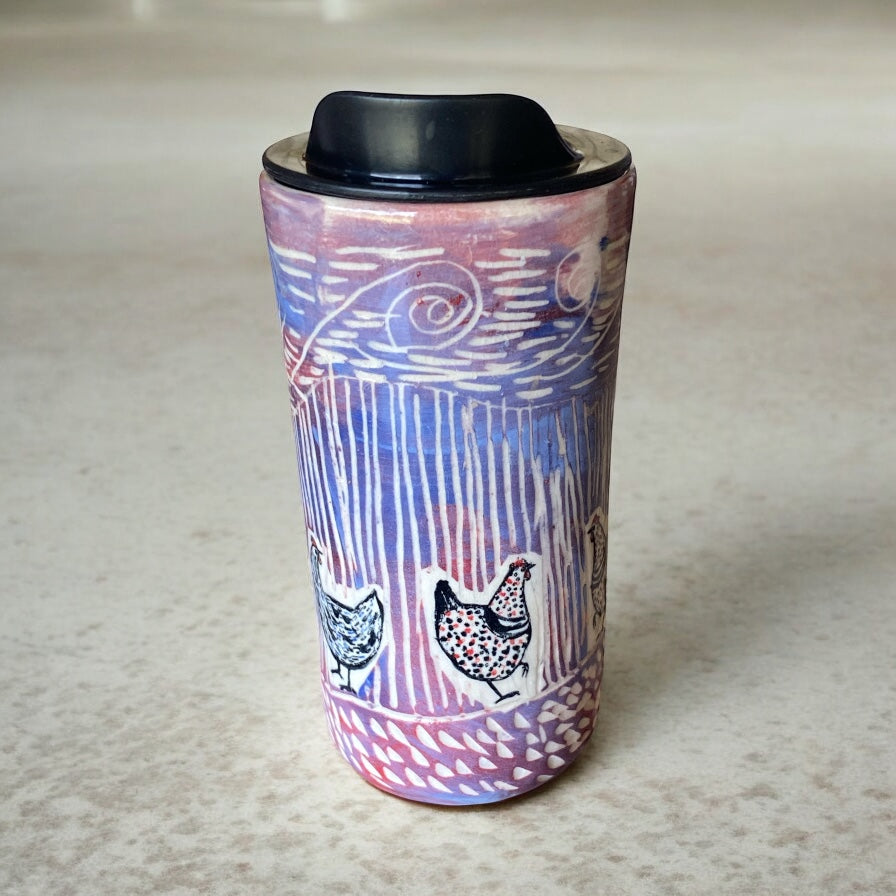 Handmade Sgraffito Animal Travel Mugs – 16 oz Ceramic Coffee