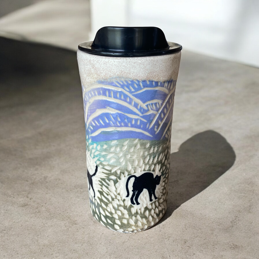 Handmade Sgraffito Animal Travel Mugs – 16 oz Ceramic Coffee