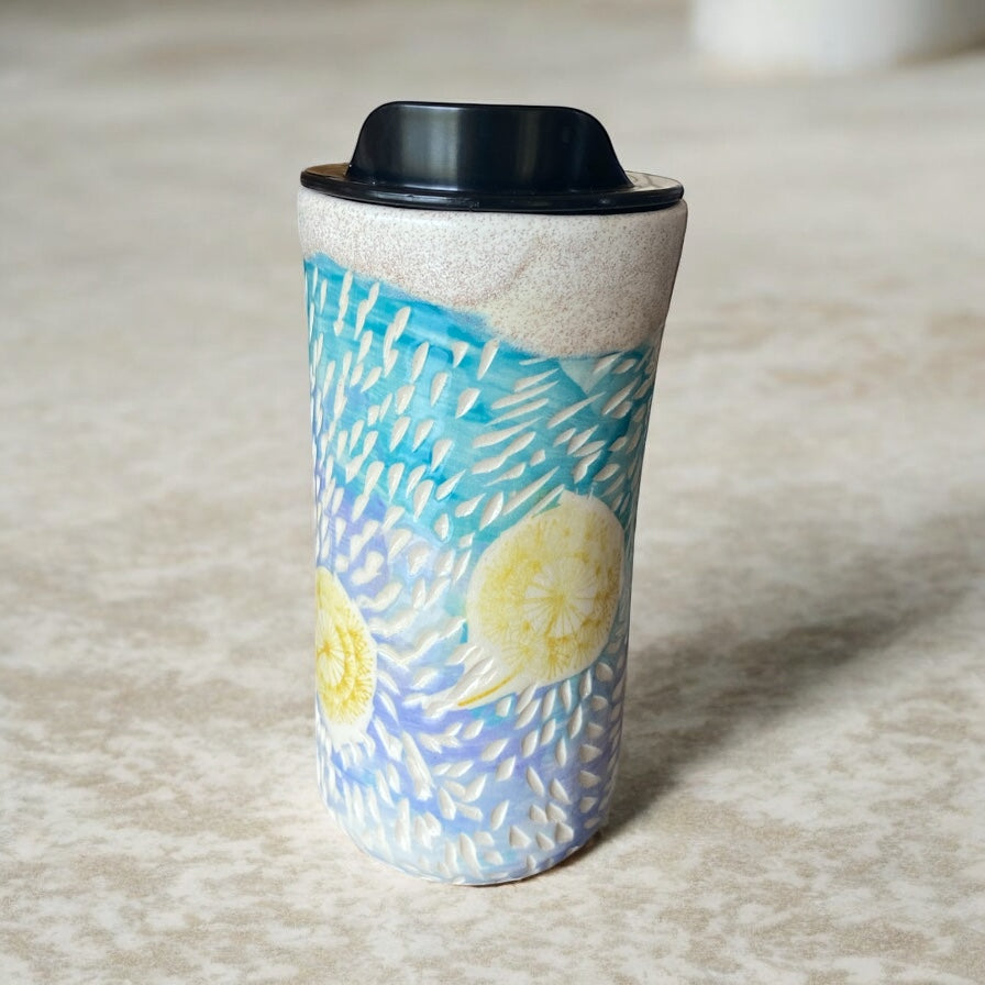 Handmade Sgraffito Animal Travel Mugs – 16 oz Ceramic Coffee