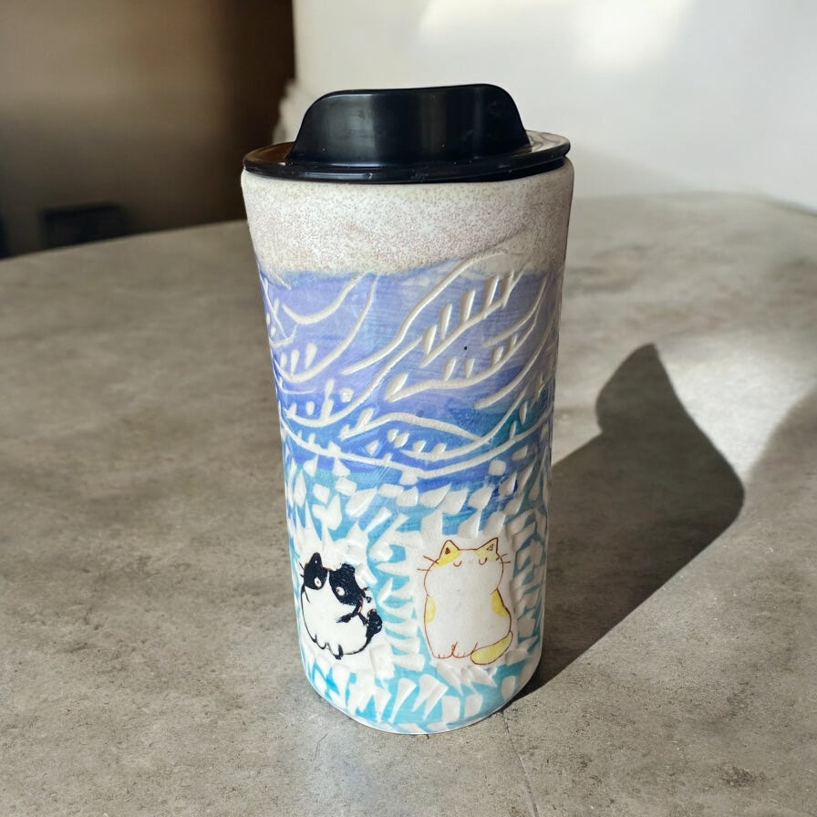 Handmade Sgraffito Animal Travel Mugs – 16 oz Ceramic Coffee