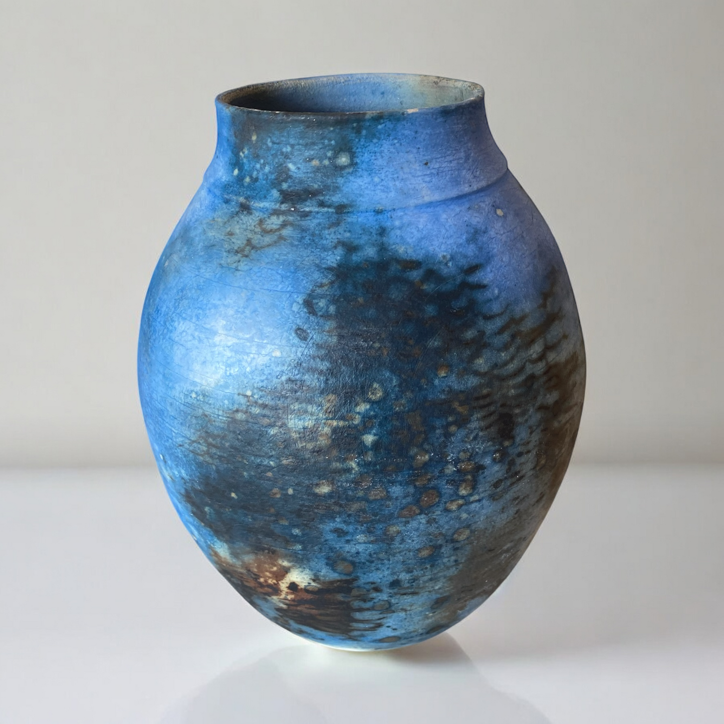 Pit Fired Vase – 10" x 7" – Cobalt Blue with Soluble Salts Finish