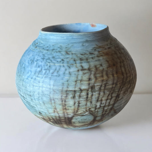 Pit Fired Vase – 7"x7" – Cobalt Blue with Soluble Salts Finish
