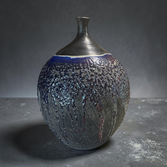 Large Hand Thrown Ceramic Art Vase - Unique Raku Fired Pottery Bottle