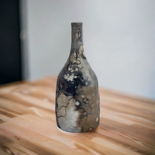 Large Hand-Thrown Pit Fired Covered Bottle Vase - Unique Artisan Pottery