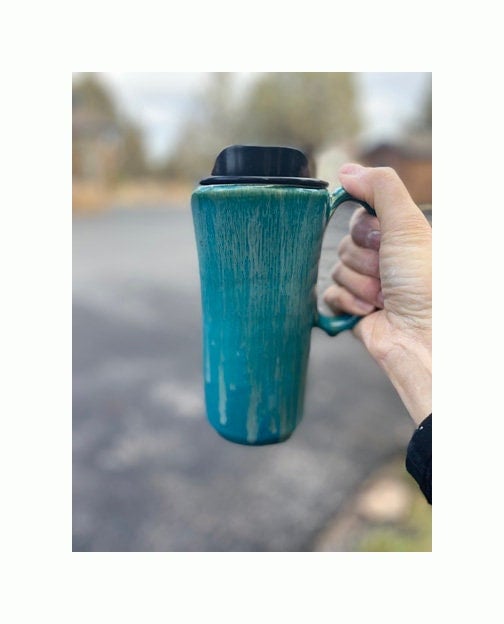 Handmade Waterfall Turquoise Travel Mug-  Chickens - Travel Mug - Pottery Mug -  Coffee Mug