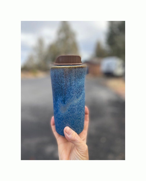 Handmade 16-Ounce Waterfall Blue Glaze Travel Mug - Stylish and Unique Pottery for Your On-the-Go Coffee Moments
