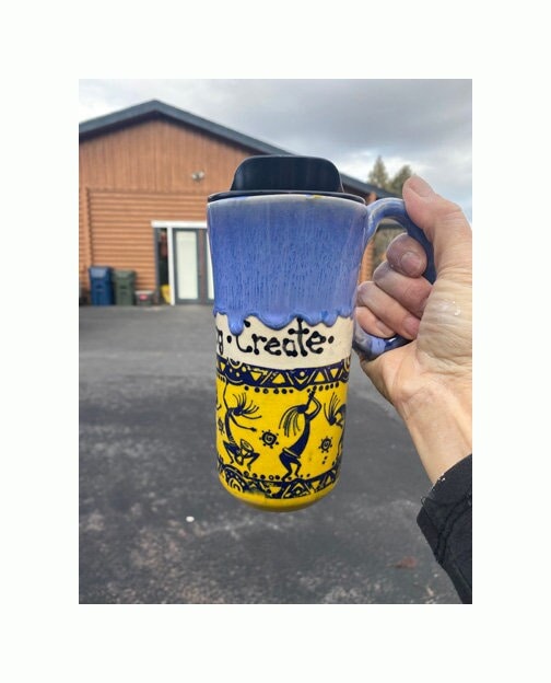 Handmade Hand PaintedTravel Mug-  Dance, Sing, Create - Travel Mug - Pottery Mug -  Coffee Mug