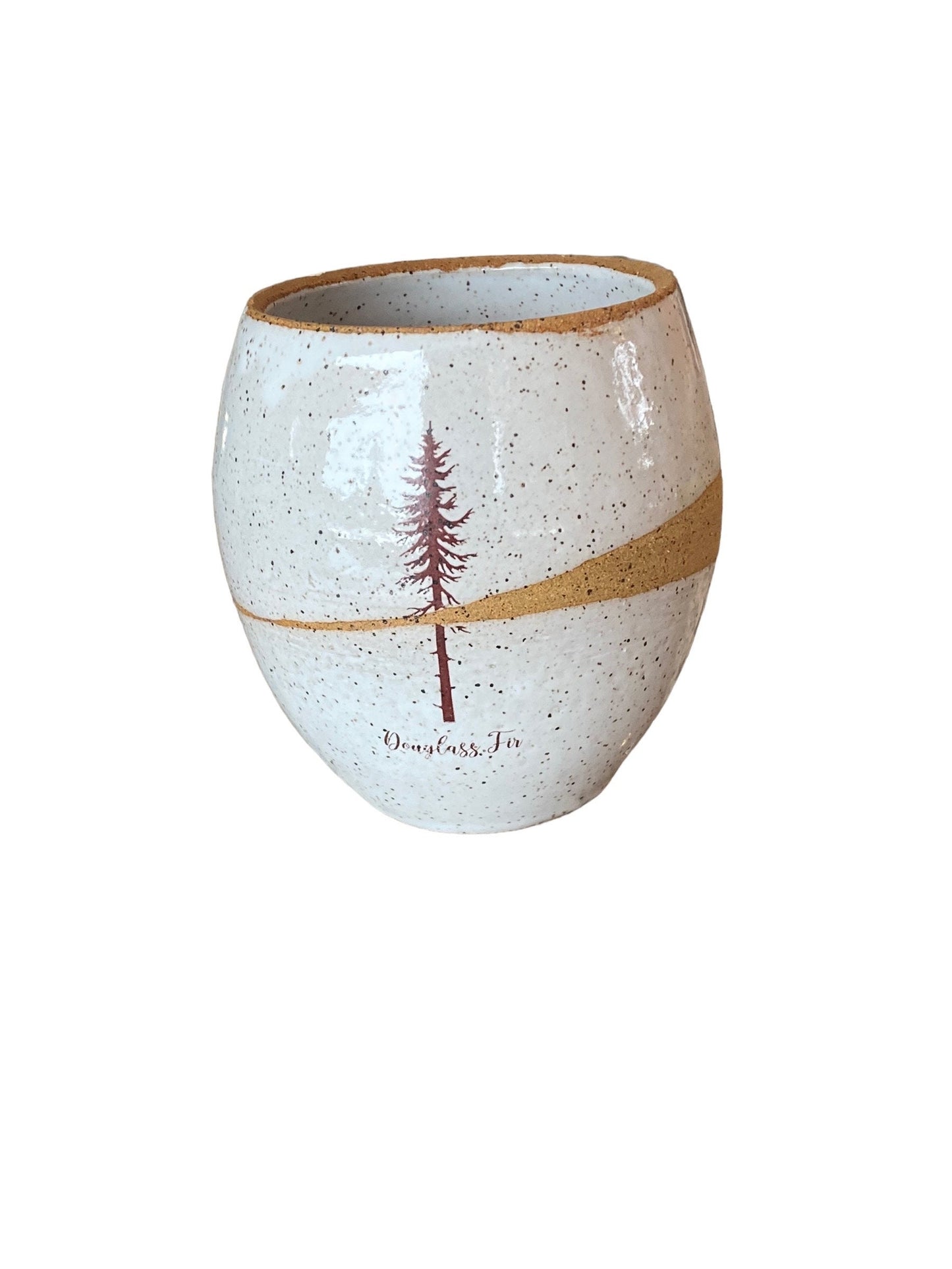 Chic White Speckled Handlesss 16-Ounce Stoneware Pottery Mug with Douglass FirTree Art - Unique and Stylish Handcrafted Drinkware