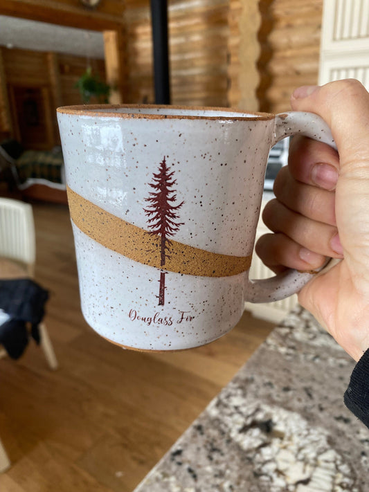 Handmade 14-Ounce Speckled Stoneware Pottery Mug - Glazed in Bright White with Douglass Fir Tree Art