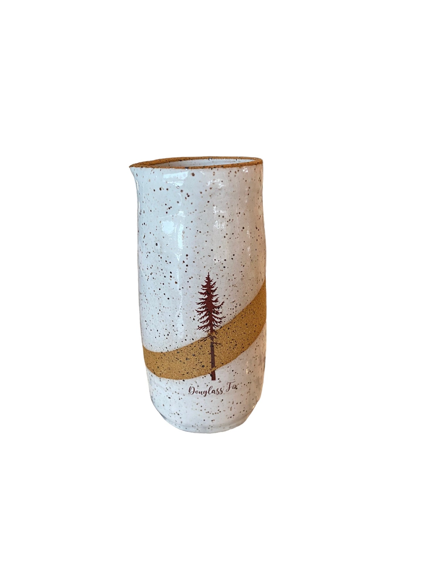 Handmade Speckled Stoneware Creamer: Bright White Glaze, Douglass Fir Tree Art