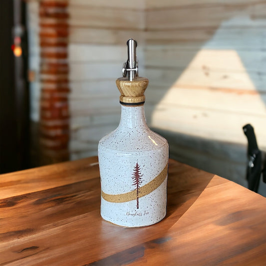 Speckled White Oil Bottle with Douglass Fir Tree Art and Wooden Pour Spout - A Stunning Fusion of Elegance and Functionality