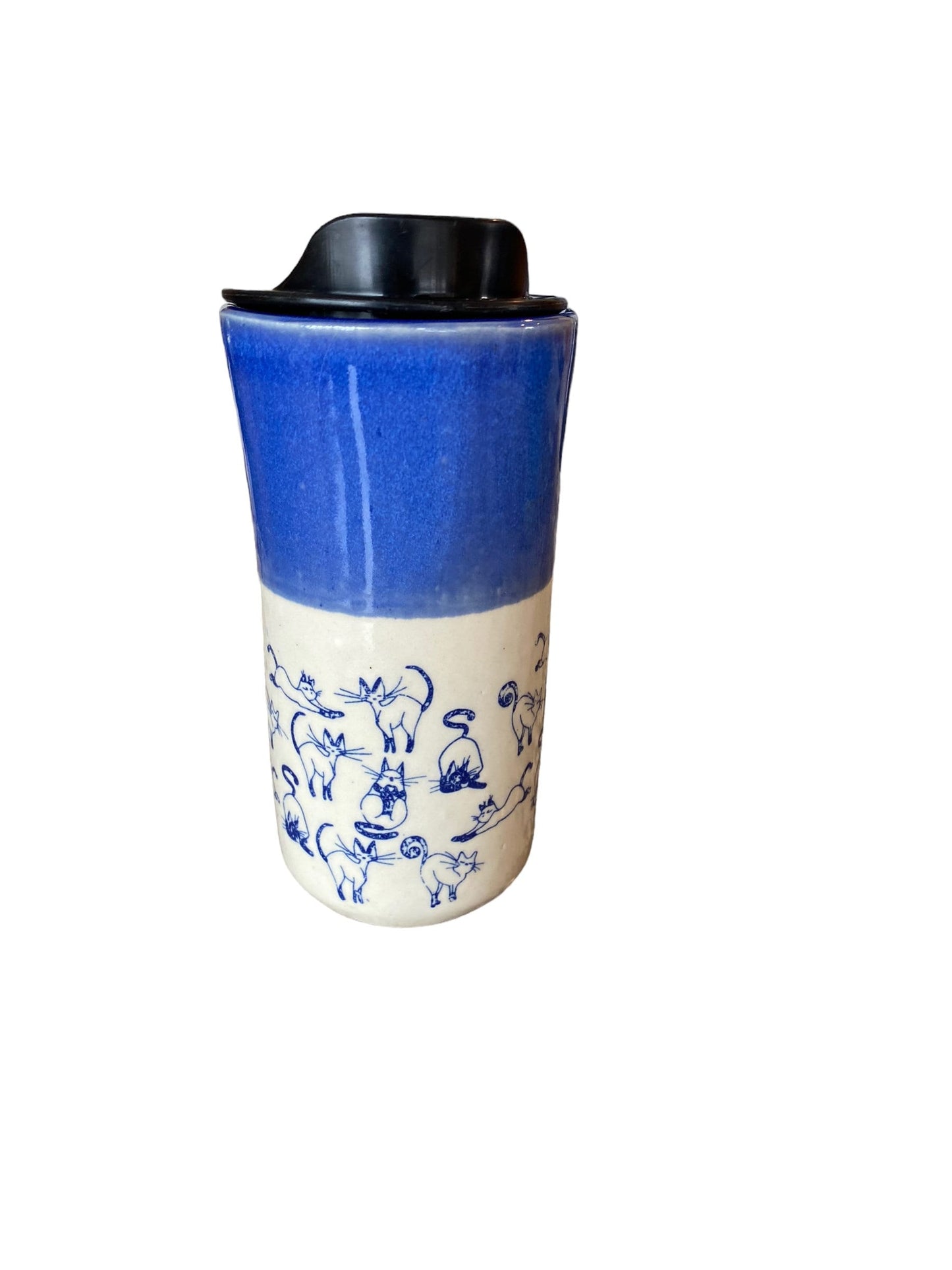 Handmade 16-Ounce Travel Mug Embellished with Playful Cats - Stylish Pottery Mug for Your Coffee Adventures. Includes Locking Lid.