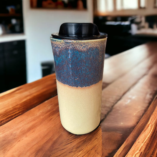 Handmade 16-Ounce Waterfall Turquoise Glaze Travel Mug - Stylish and Unique Pottery for Your On-the-Go Coffee Moments