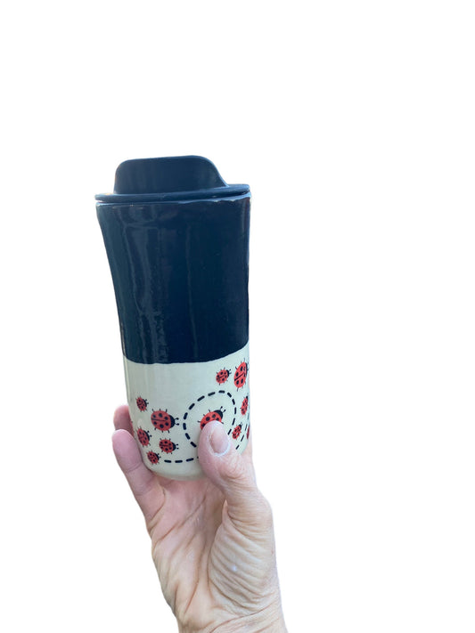 Large Lady Bug Travel Mug - Pottery Mug -  Coffee Mug - To Go Cup
