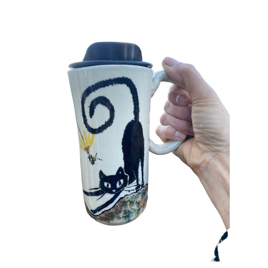 Handmade Handpainted Travel Mug with  Black Cat -  Mug - Pottery Mug -  Coffee Mug
