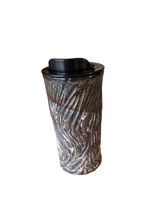 Handmade Agateware Travel Mug: Carved Pottery Coffee Cup