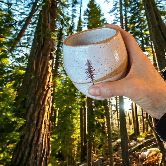 Chic White Speckled Handlesss 16-Ounce Stoneware Pottery Mug with Douglass FirTree Art - Unique and Stylish Handcrafted Drinkware