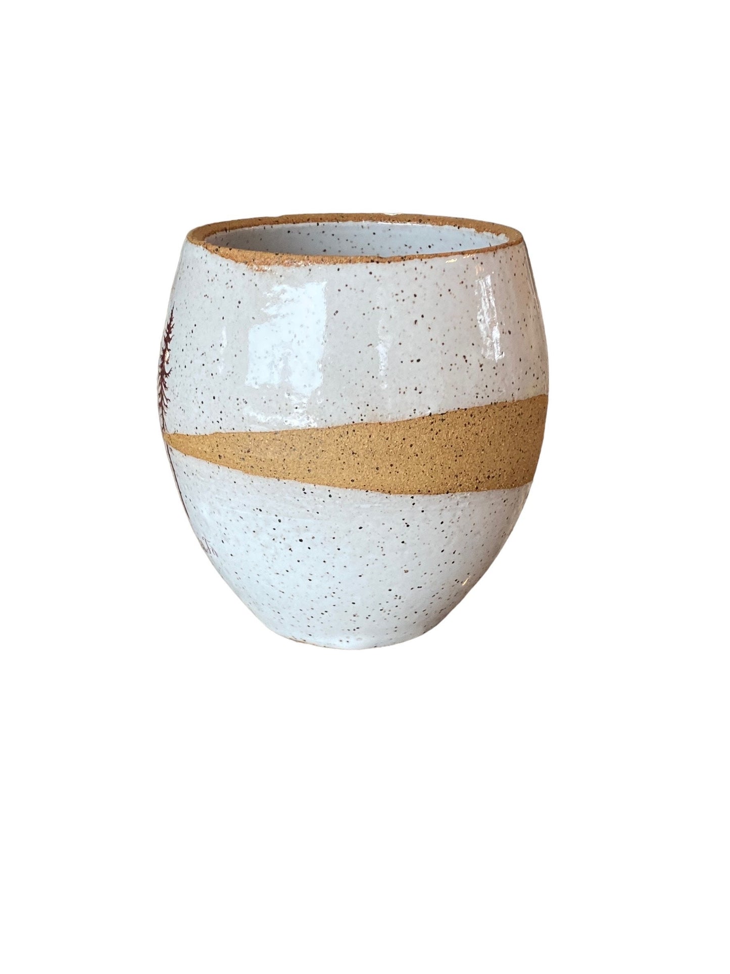 Chic White Speckled Handlesss 16-Ounce Stoneware Pottery Mug with Douglass FirTree Art - Unique and Stylish Handcrafted Drinkware