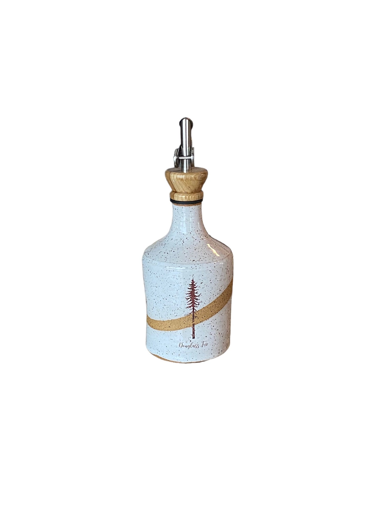 Speckled White Oil Bottle with Douglass Fir Tree Art and Wooden Pour Spout - A Stunning Fusion of Elegance and Functionality