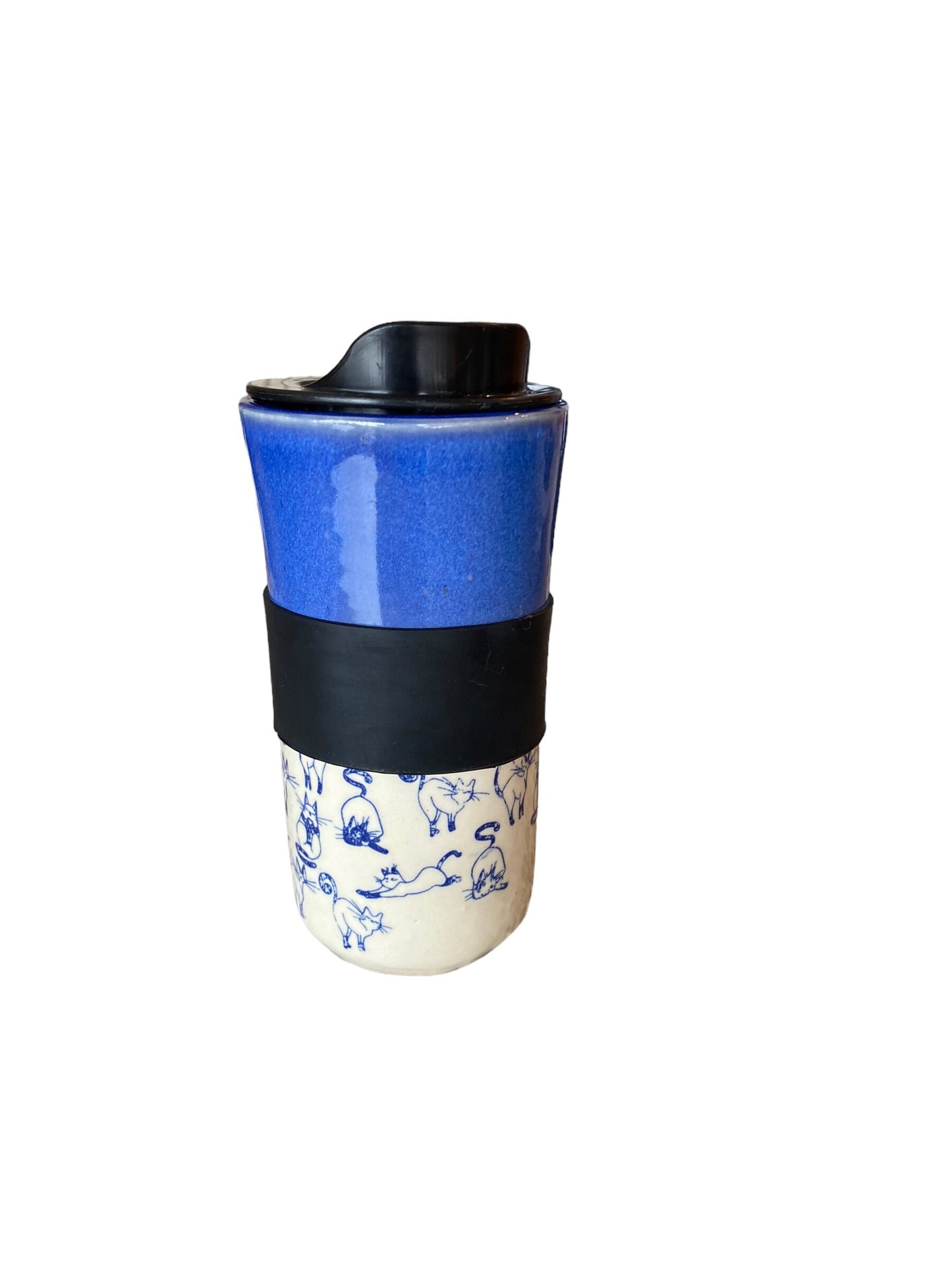 Handmade 16-Ounce Travel Mug Embellished with Playful Cats - Stylish Pottery Mug for Your Coffee Adventures. Includes Locking Lid.