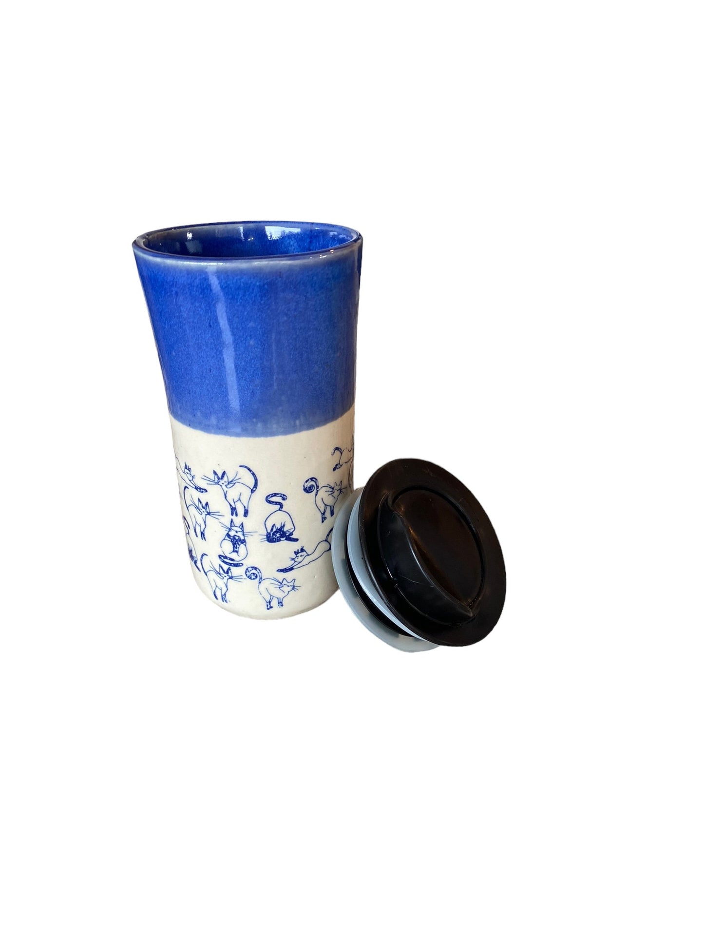 Handmade 16-Ounce Travel Mug Embellished with Playful Cats - Stylish Pottery Mug for Your Coffee Adventures. Includes Locking Lid.