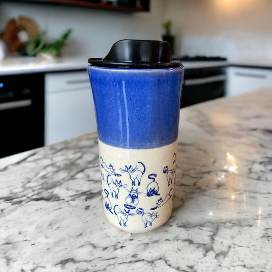 Handmade 16-Ounce Travel Mug Embellished with Playful Cats - Stylish Pottery Mug for Your Coffee Adventures. Includes Locking Lid.