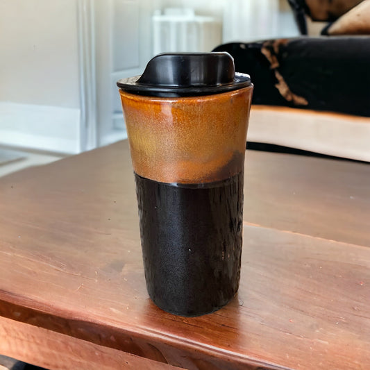 Handmade 16-Ounce Cinnamon and Black Travel Mug - Stylish Pottery with Locking Lid and Sleeve for Your On-the-Go Coffee Enjoyment