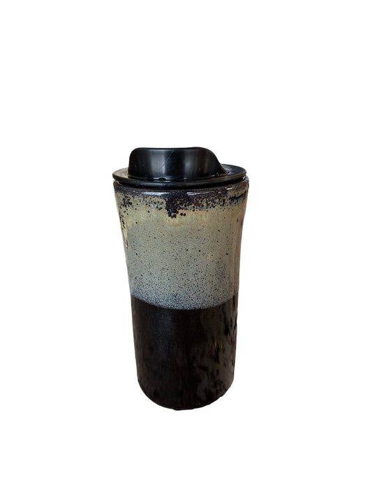 Handmade 16-Ounce Reactive Gray and Black Glaze Travel Mug - Stylish Pottery with Sleeve for Your On-the-Go Coffee Delight