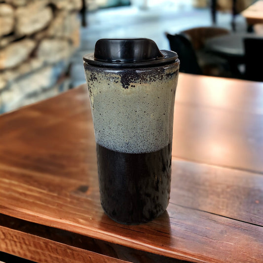 Handmade 16-Ounce Reactive Gray and Black Glaze Travel Mug - Stylish Pottery with Sleeve for Your On-the-Go Coffee Delight