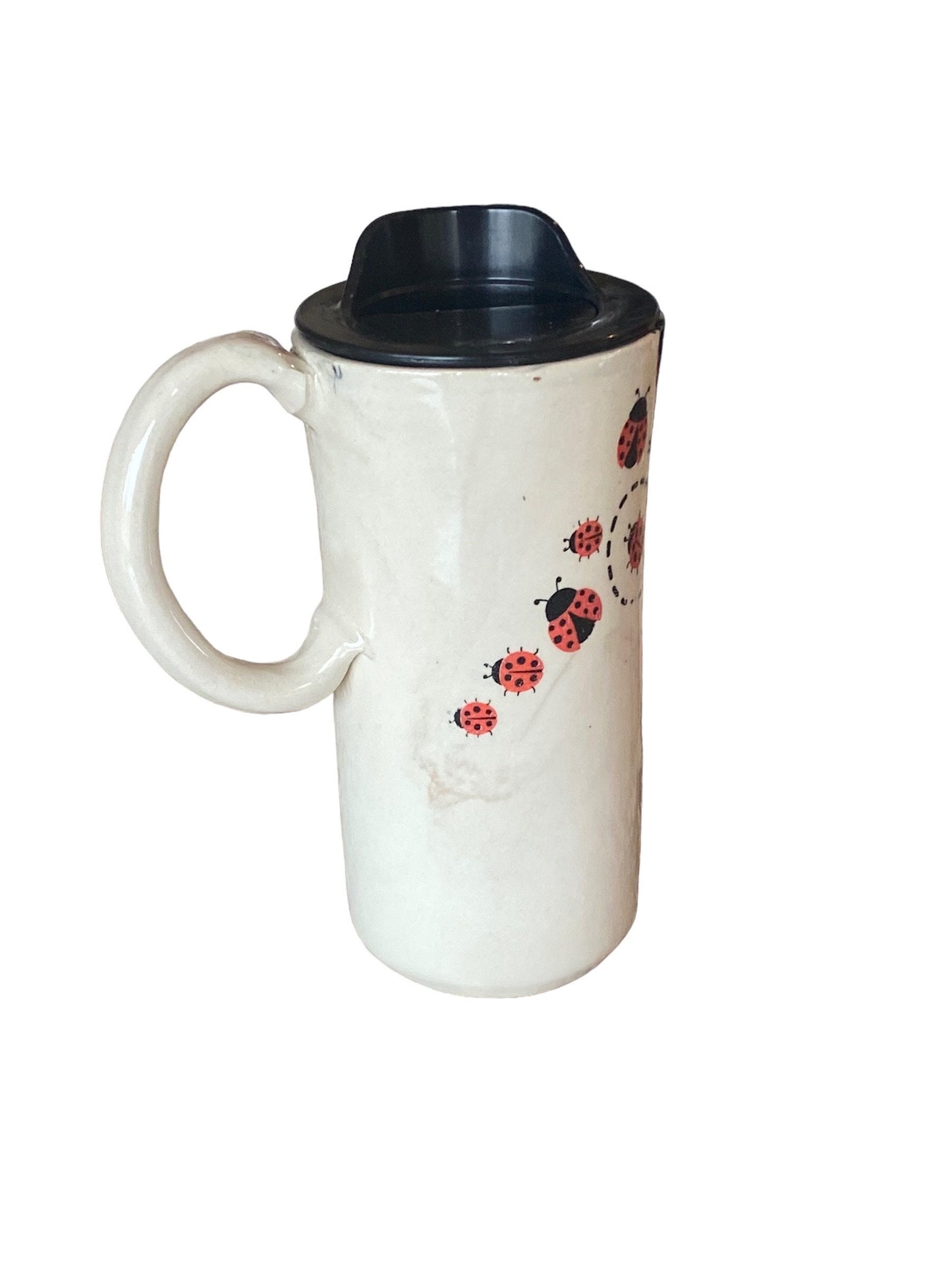 Large Lady Bug Travel Mug - Pottery Mug -  Coffee Mug - To Go Cup