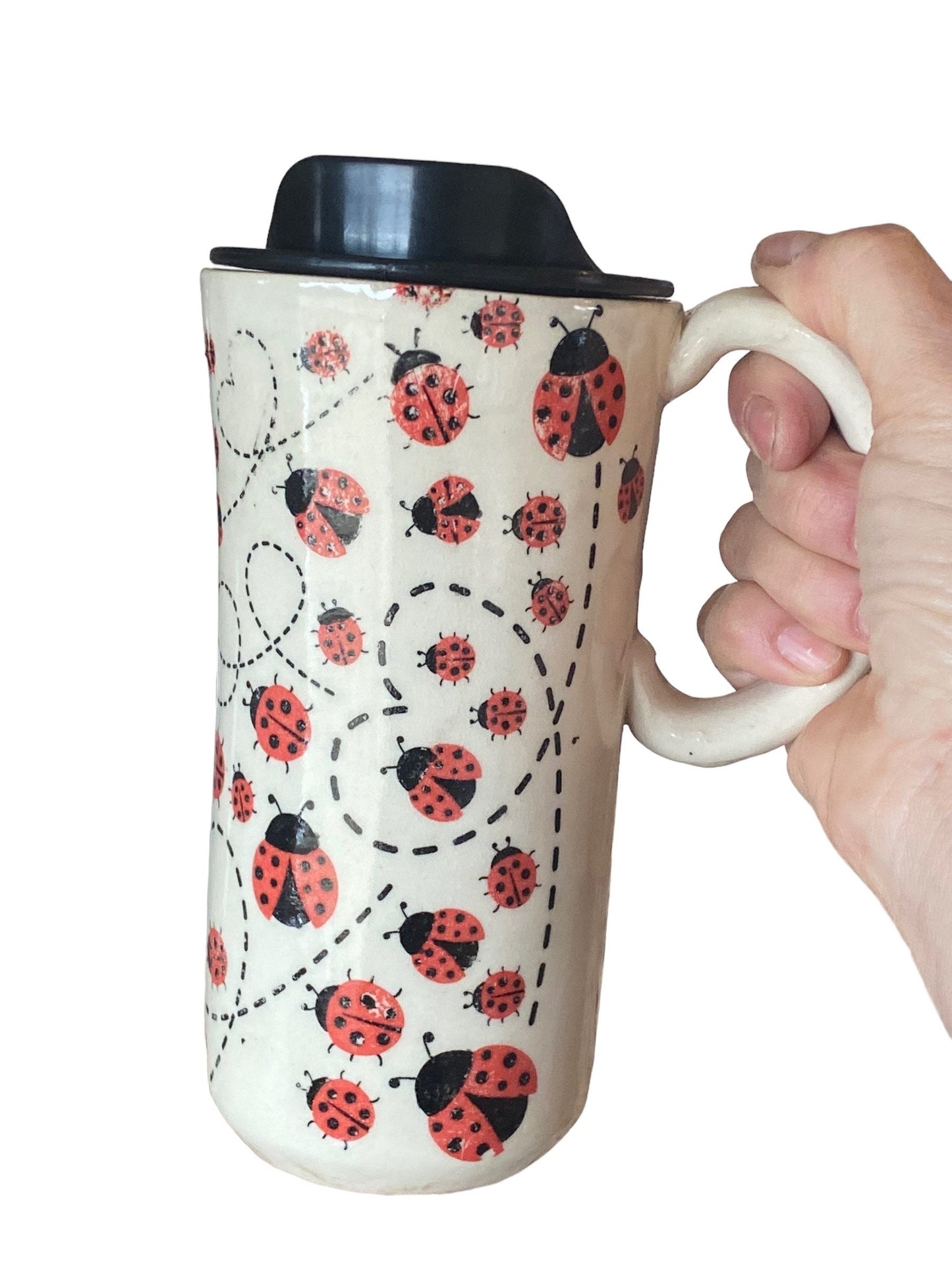 Large Lady Bug Travel Mug - Pottery Mug -  Coffee Mug - To Go Cup