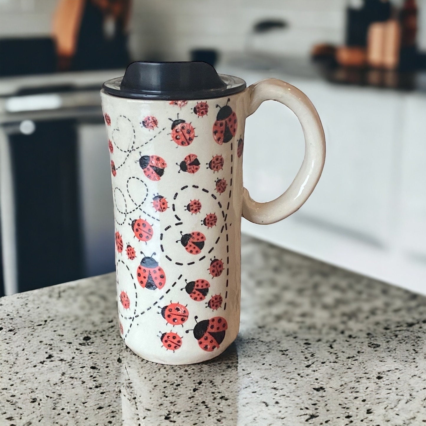 Large Lady Bug Travel Mug - Pottery Mug -  Coffee Mug - To Go Cup