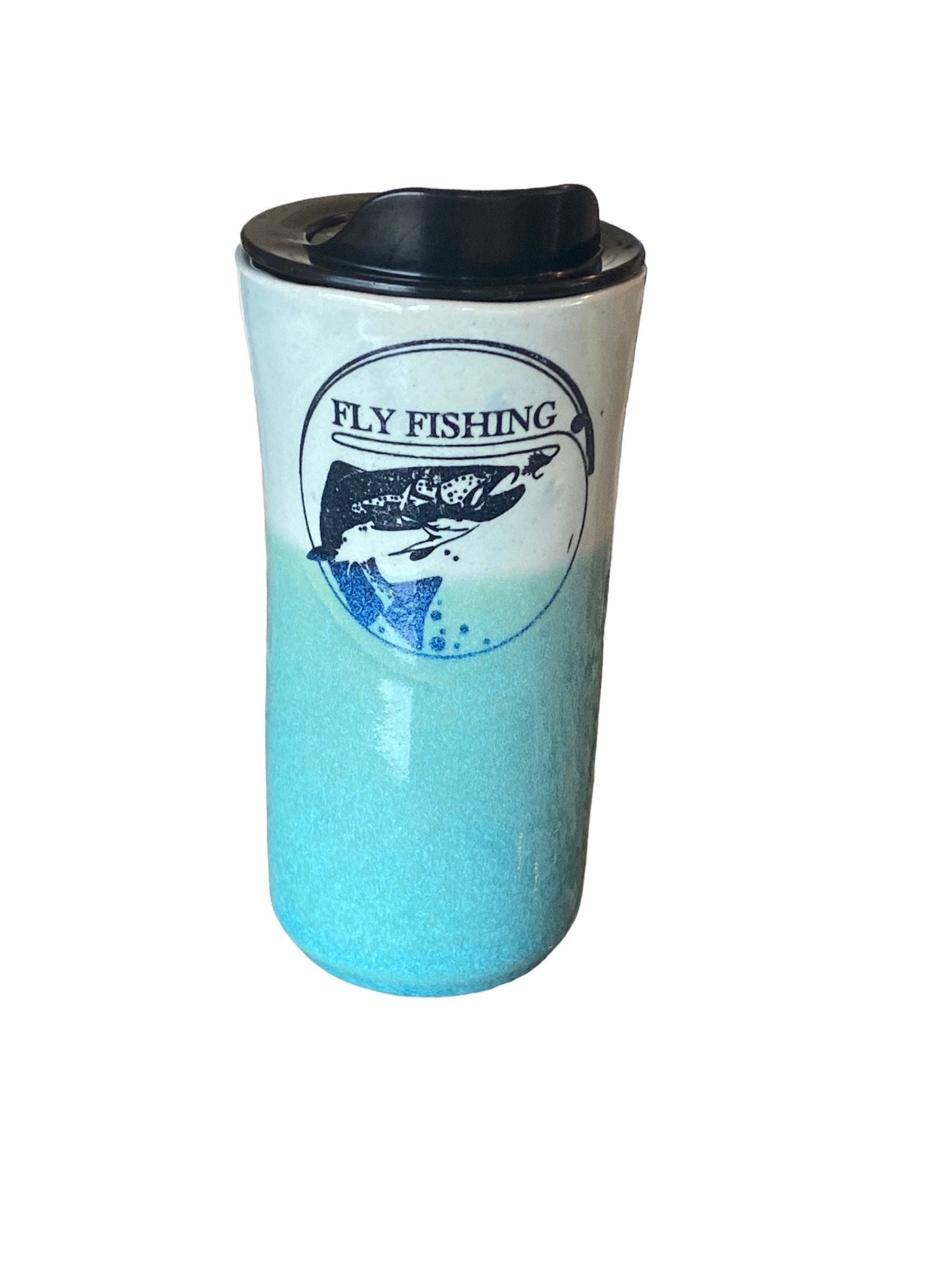 Handmade Turquoise Travel Mug Glazed With Turquoise and Blue and Embellished With Fly Fishing Logo - Pottery Mug