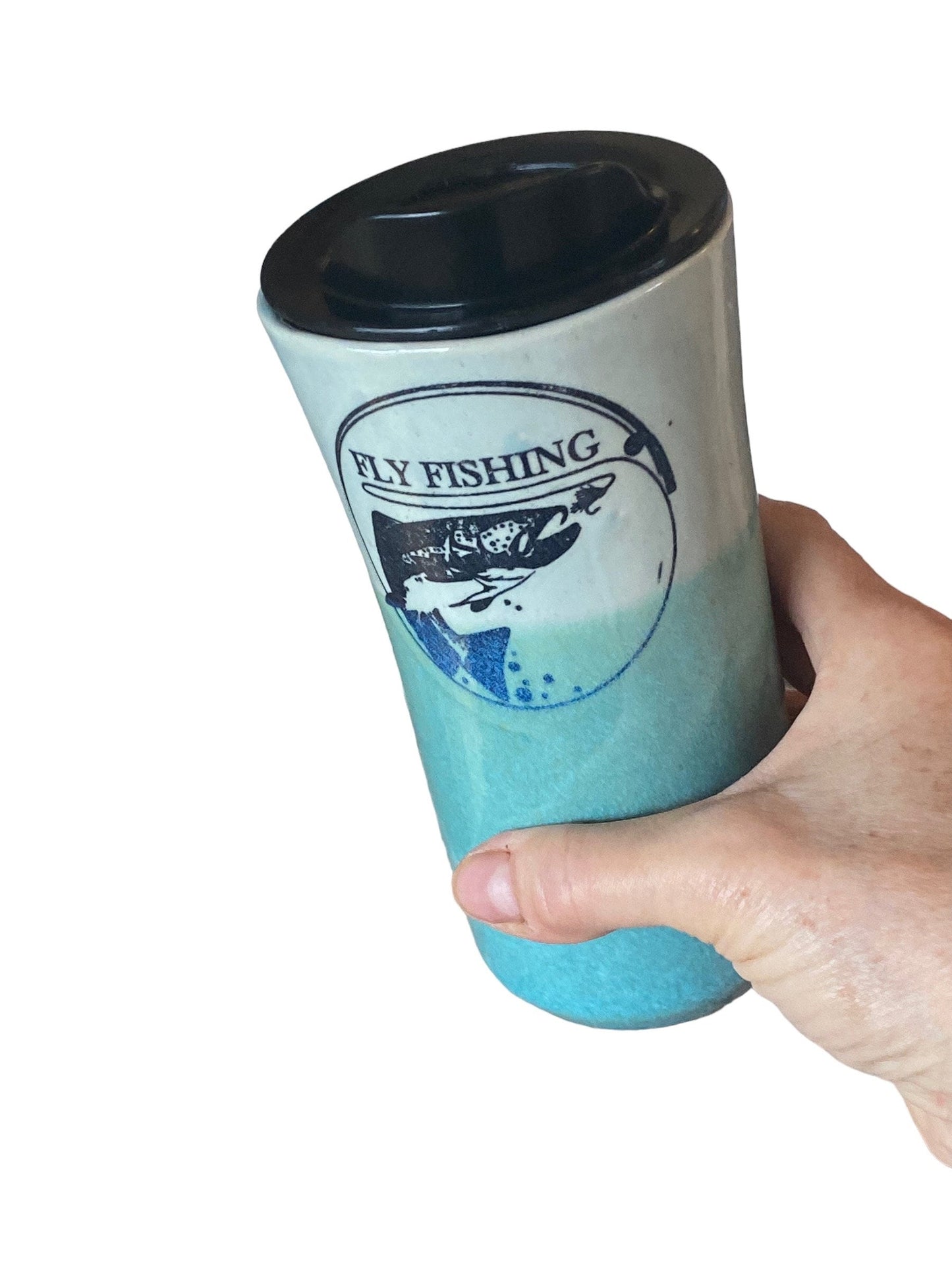 Handmade Turquoise Travel Mug Glazed With Turquoise and Blue and Embellished With Fly Fishing Logo - Pottery Mug