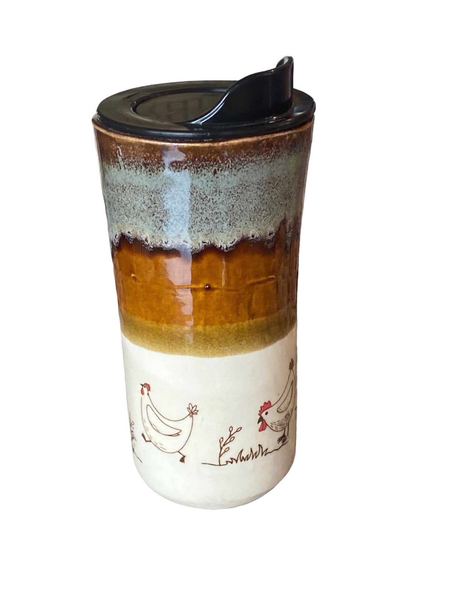 Handmade Hand PaintedTravel Mug-  Chickens - Travel Mug - Pottery Mug -  Coffee Mug