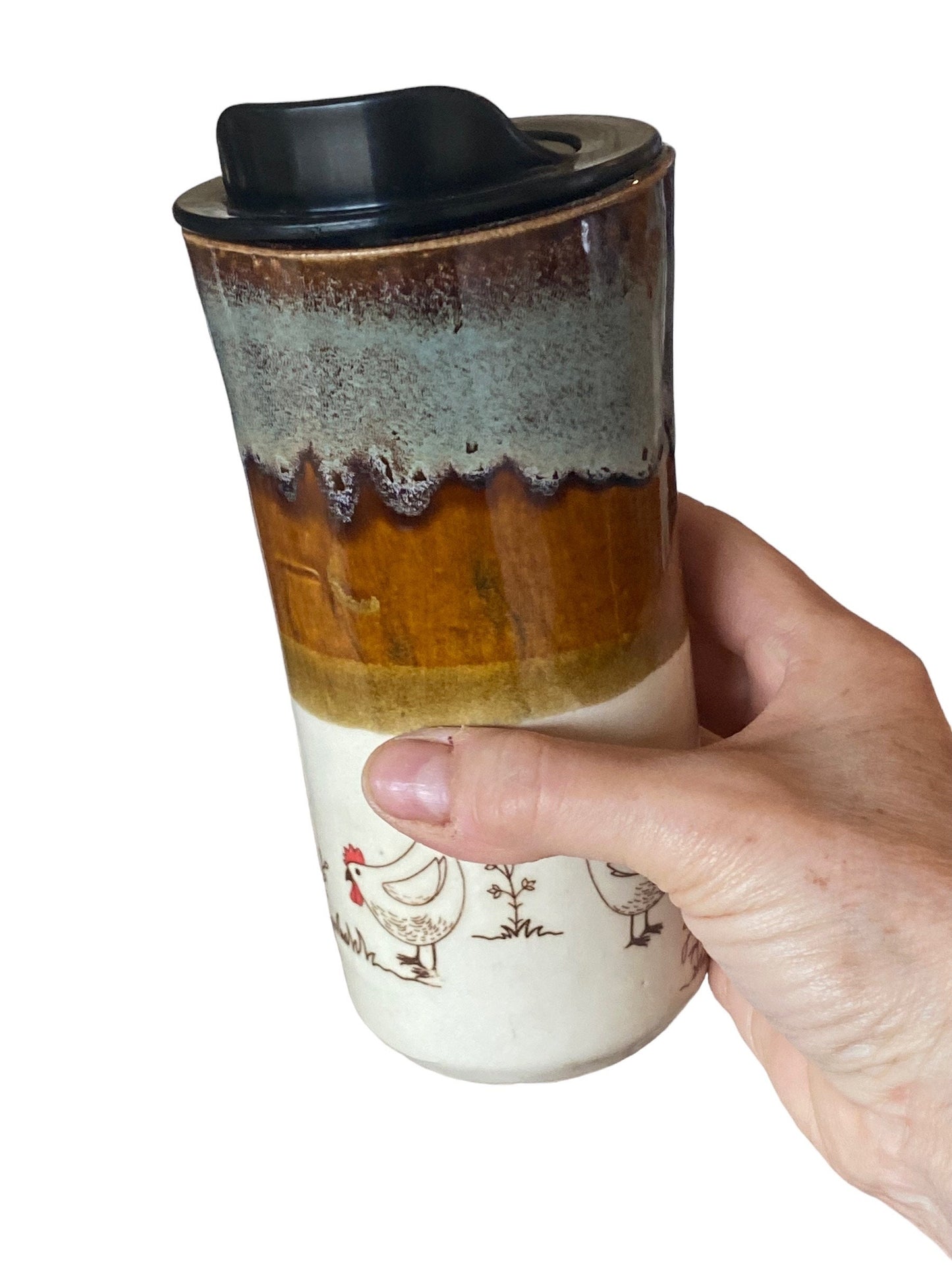 Handmade Hand PaintedTravel Mug-  Chickens - Travel Mug - Pottery Mug -  Coffee Mug