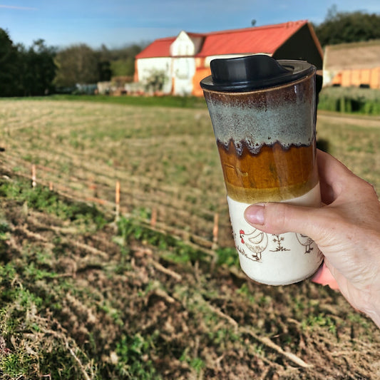 Handmade Hand PaintedTravel Mug-  Chickens - Travel Mug - Pottery Mug -  Coffee Mug