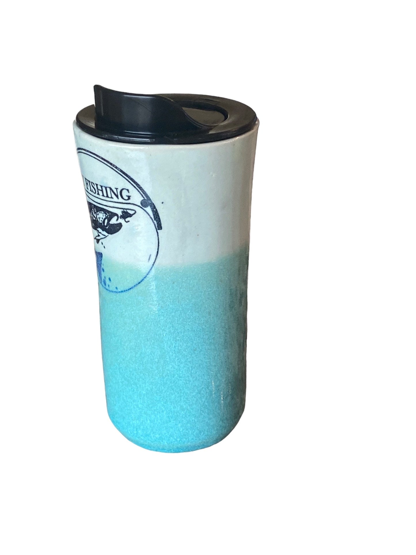 Handmade Turquoise Travel Mug Glazed With Turquoise and Blue and Embellished With Fly Fishing Logo - Pottery Mug