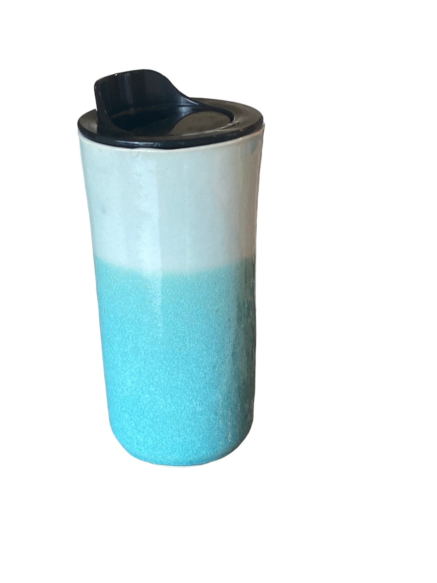 Handmade Turquoise Travel Mug Glazed With Turquoise and Blue and Embellished With Fly Fishing Logo - Pottery Mug