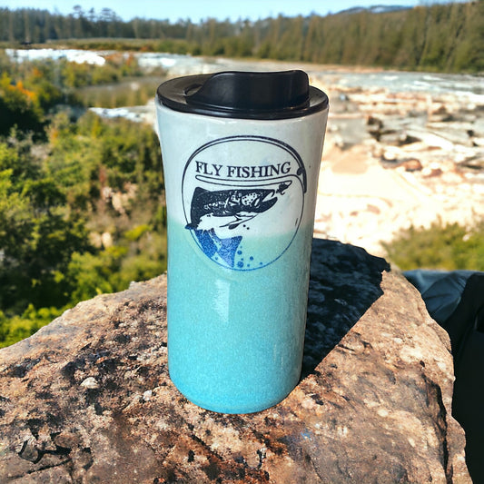 Handmade Turquoise Travel Mug Glazed With Turquoise and Blue and Embellished With Fly Fishing Logo - Pottery Mug