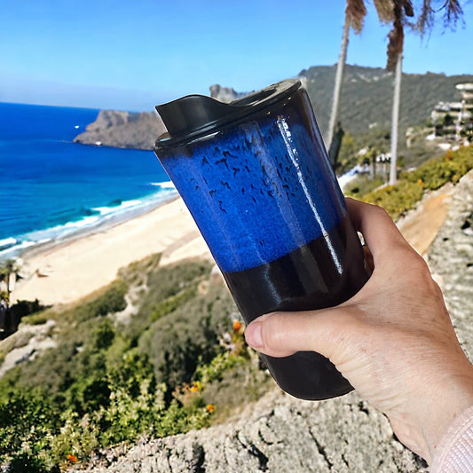 Handmade 16-Ounce Travel Mug In Gloss Black and Electric Blue Glaze With Locking Lid