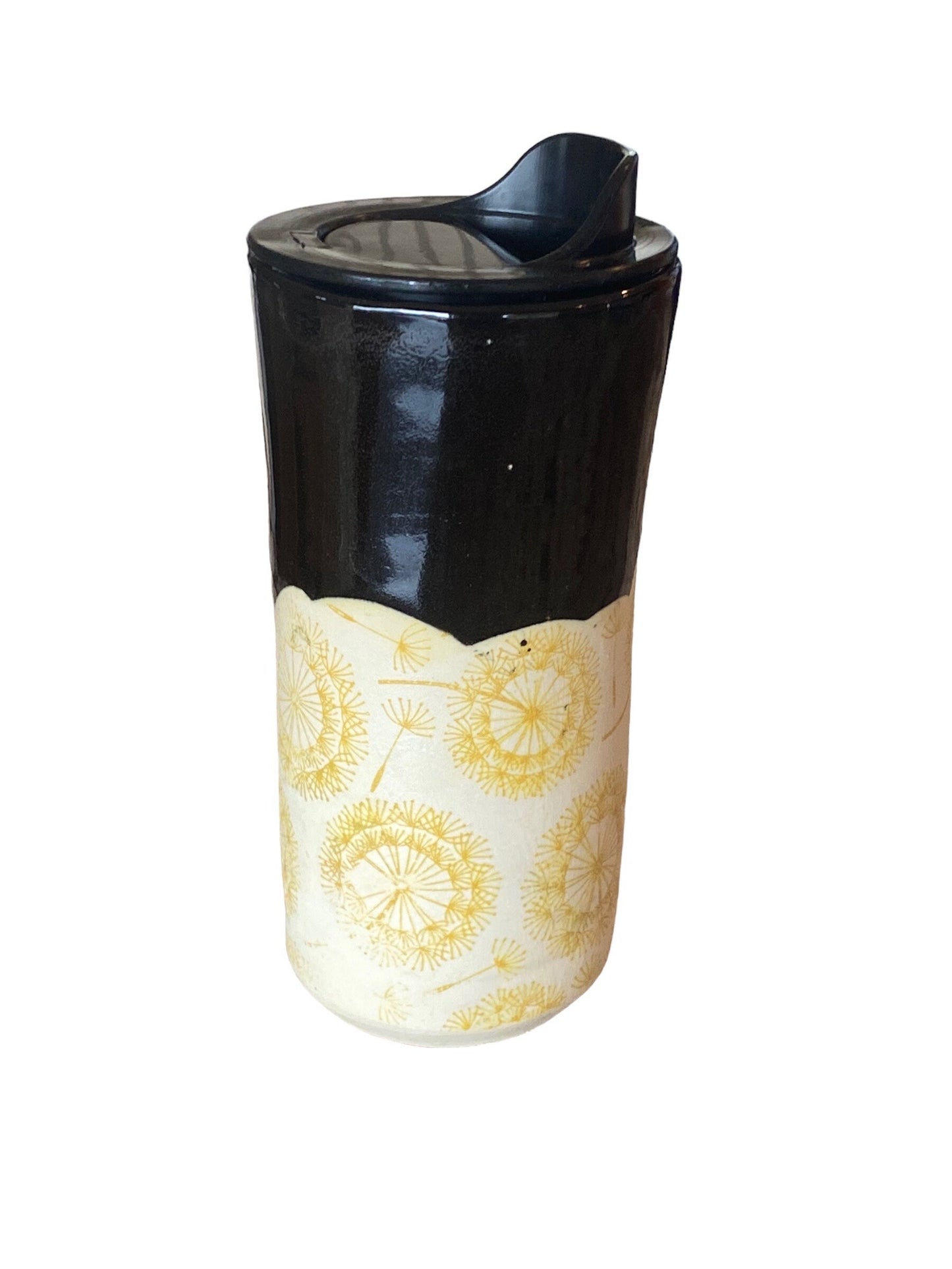 Handmade 16-Ounce Travel Mug In Gloss Black Glazes - Embellished With Dandelions - Locking Lid Included