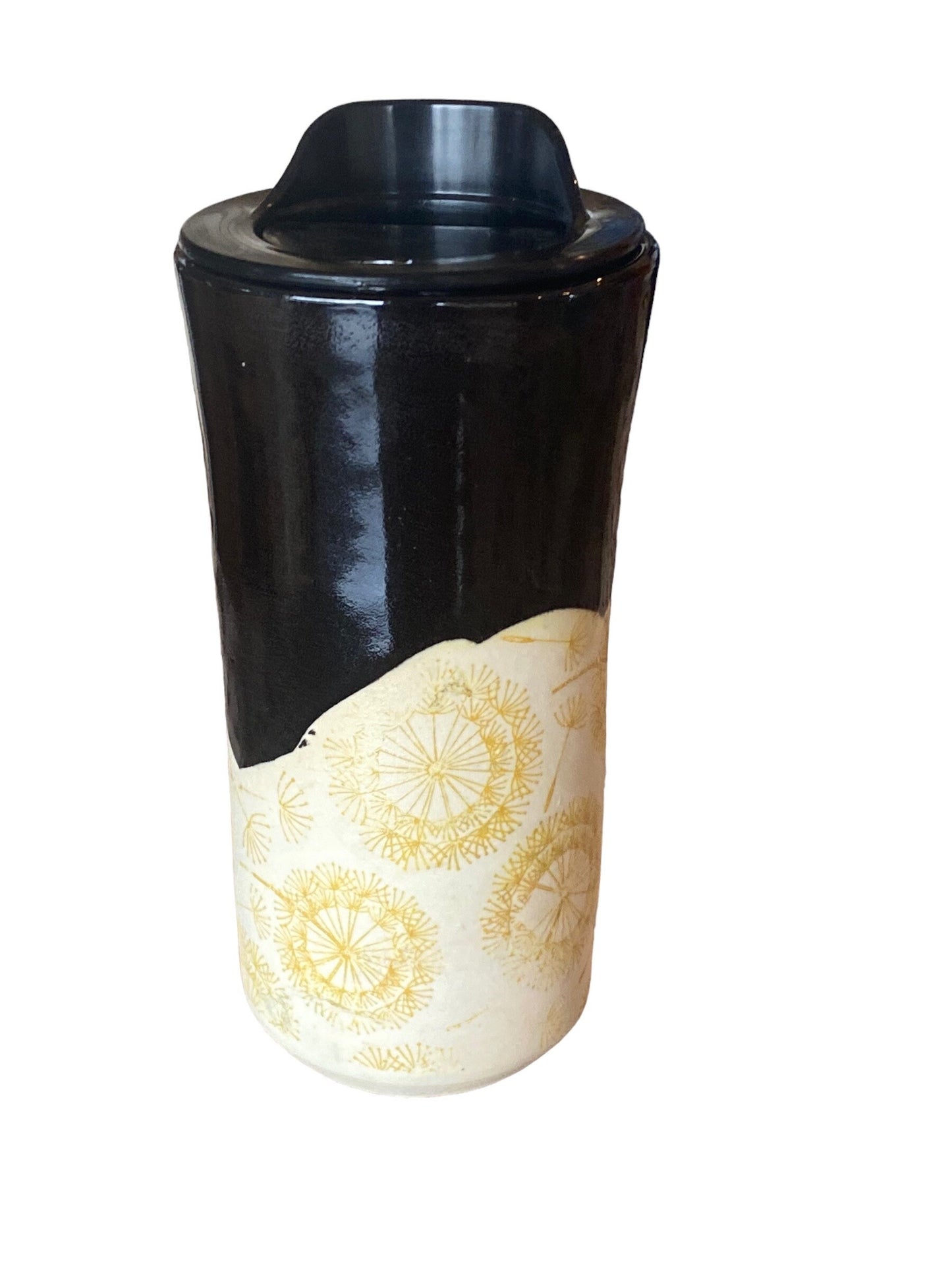 Handmade 16-Ounce Travel Mug In Gloss Black Glazes - Embellished With Dandelions - Locking Lid Included