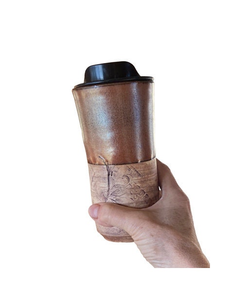 Herb-Themed Handmade Pottery Travel Mug with Locking Lid - Ceramic To-Go Coffee Cup for Secure and Natural Enjoyment on the Move