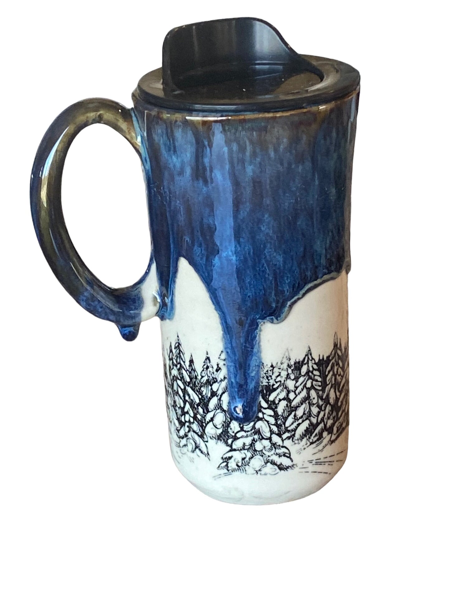 Large Travel Mug with Locking Lid Embellished with Pine Trees - Stylish and Secure Pottery for Nature-Loving Adventures