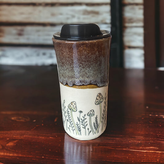 Handmade 16-Ounce Travel Mug with Locking Lid - Whimsically Embellished with Mushrooms for a Unique On-the-Go Experience