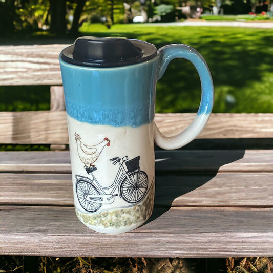 Large Travel Mug with Locking Lid Painted with Chicken Riding a Bike - Whimsical Pottery for Secure and Fun On-the-Go Adventures