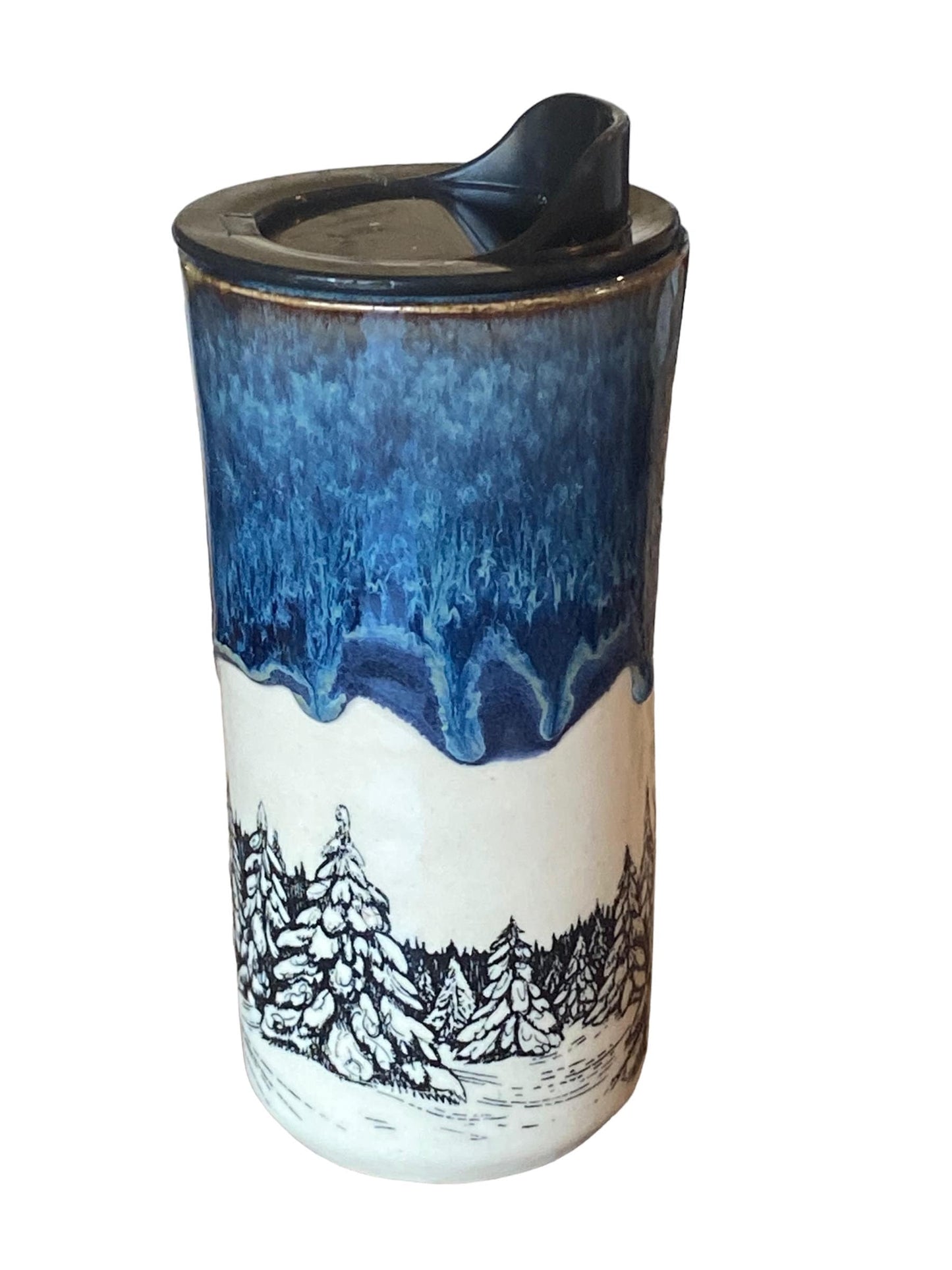 Large Travel Mug with Locking Lid Embellished with Pine Trees - Stylish and Secure Pottery for Nature-Loving Adventures