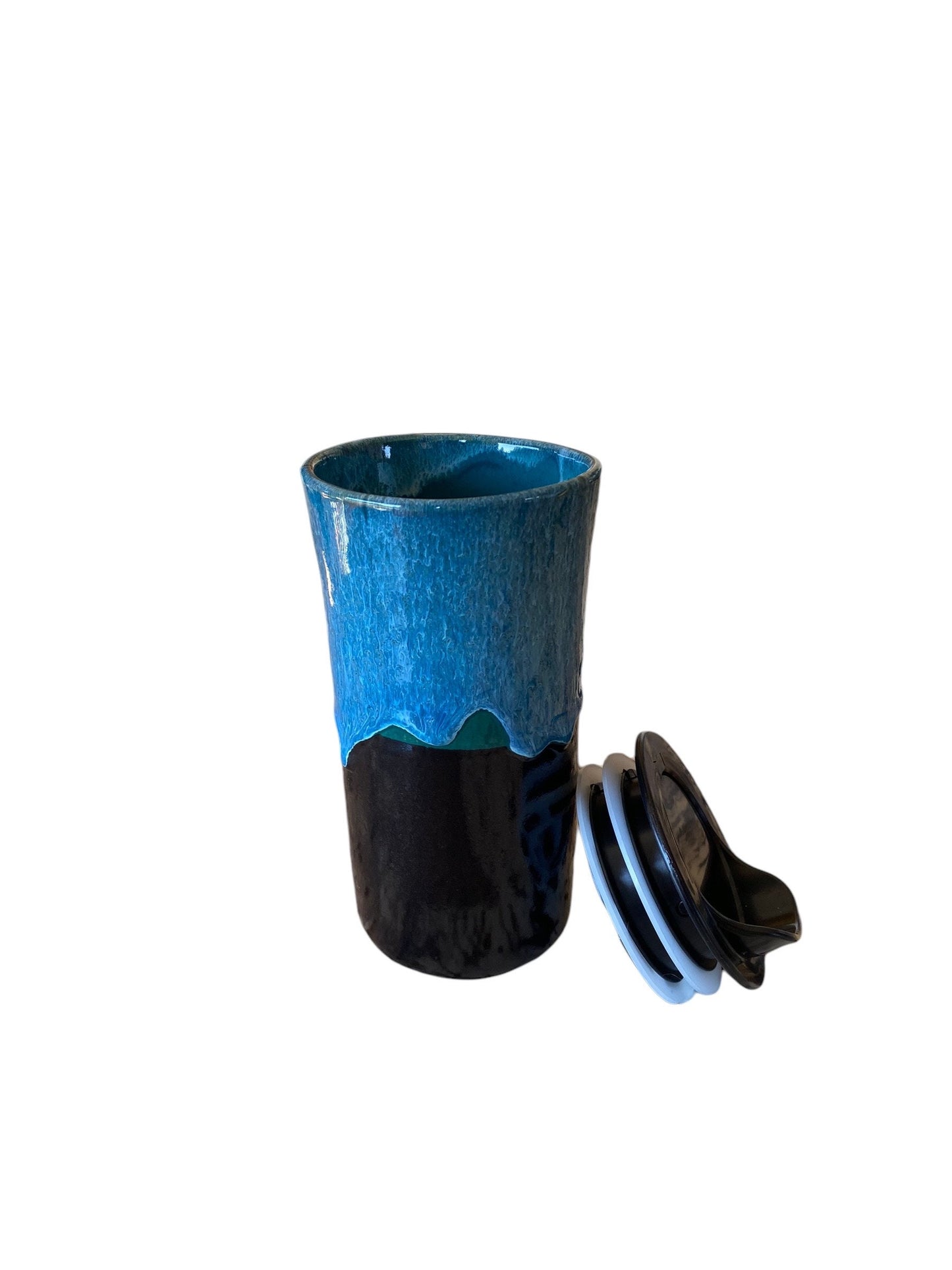 Handmade 16-Ounce Waterfall Turquoise and Black Travel Mug - To Go Mug With Locking Lid