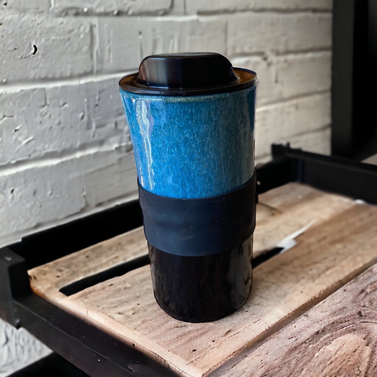 Handmade 16-Ounce Waterfall Turquoise and Black Travel Mug - To Go Mug With Locking Lid